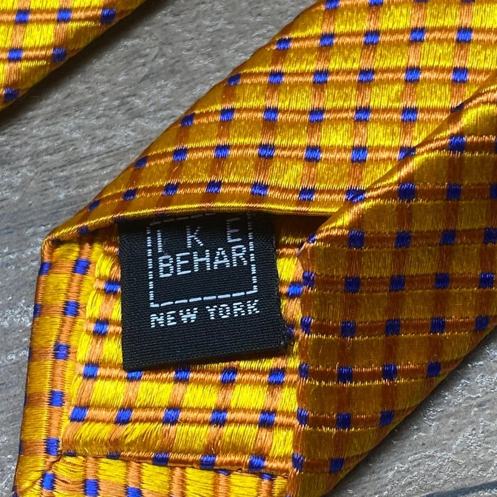 Vintage Ike Behar Silk Necktie Check Mens Orange Gold Wedding Jacquard Business